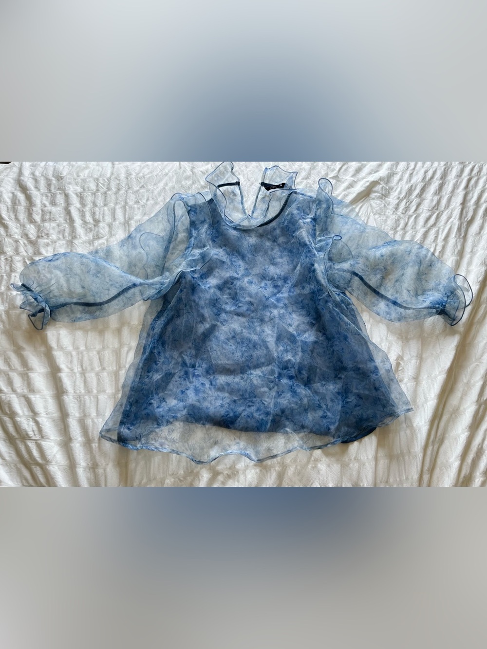 Zara Sheer Navy Blue Ruffle Sleeve Blouse